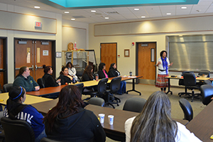Woman presenting at a Talking Circles event.